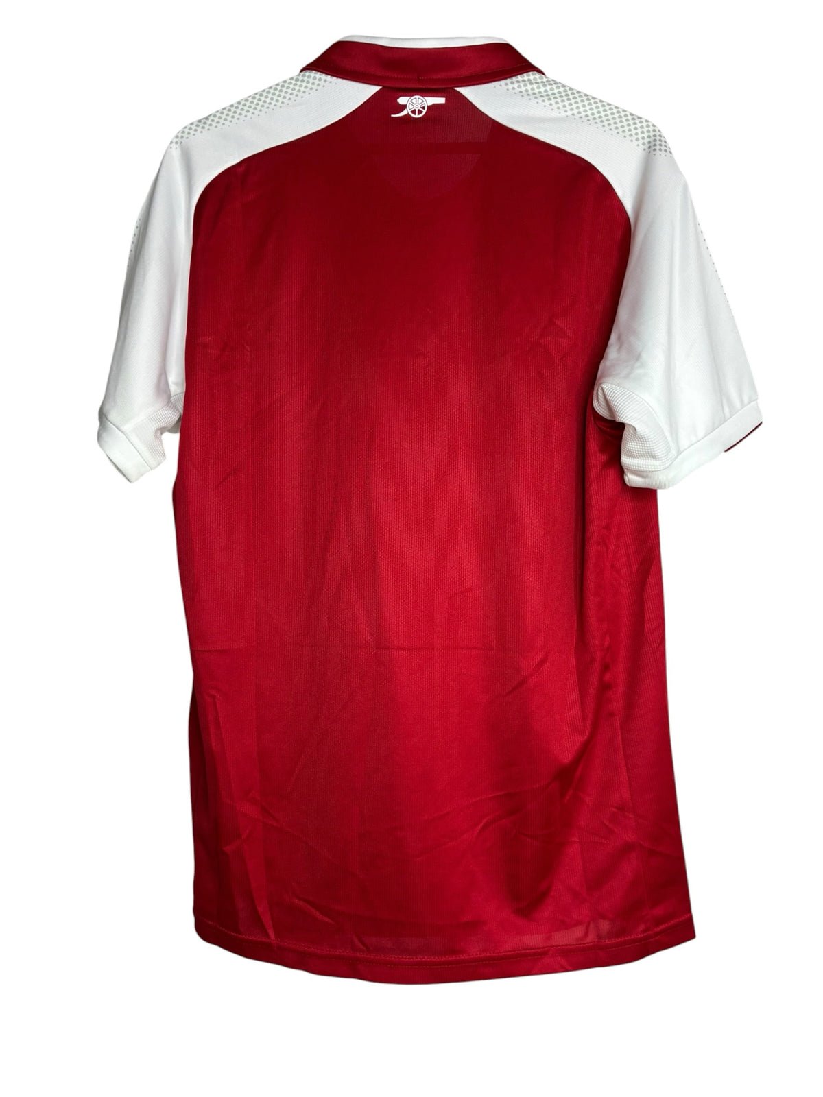 Vue arrière du maillot domicile Arsenal Levestiairedupeuple rouge et blanc avec détail de canon brodé au col