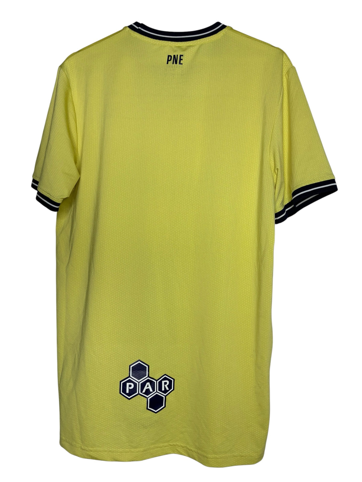 Dos du maillot de football jaune Levestiairedupeuple Preston North End avec détails bleu marine et logo PAR