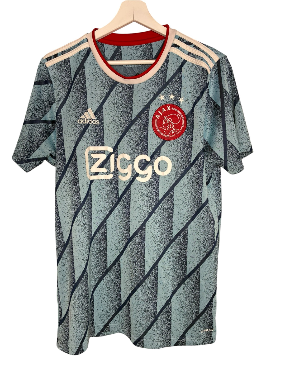 Maillot de football officiel Ajax Amsterdam Levestiairedupeuple bleu gris avec motifs géométriques et détails rouges