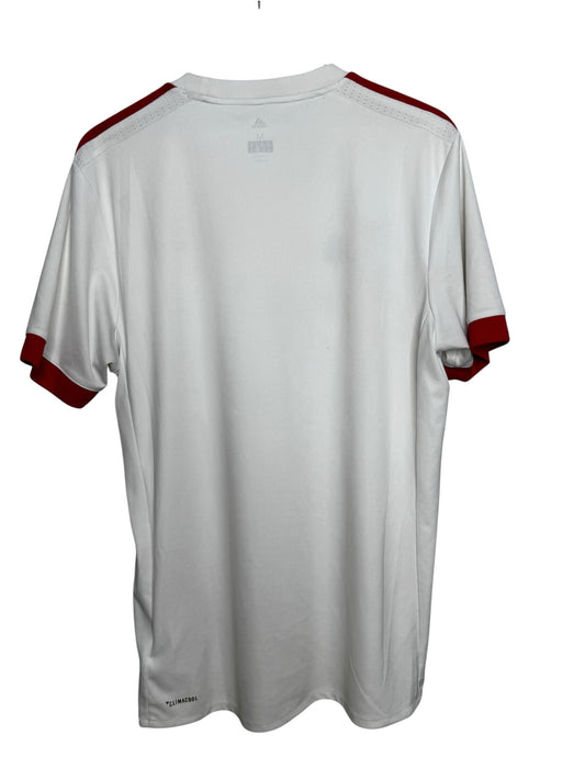 Vue arrière du maillot de football officiel Levestiairedupeuple adidas Bayern Munich blanc avec détails rouges
