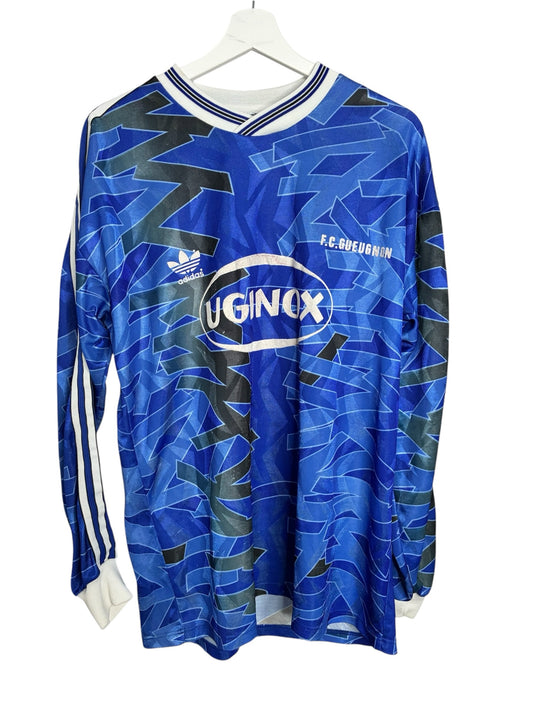 Maillot de football vintage Levestiairedupeuple FC Gueugnon bleu à manches longues avec logo Adidas et sponsor UGINOX