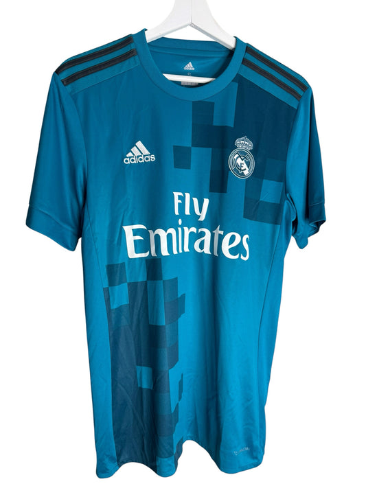 Maillot de football Levestiairedupeuple adidas Real Madrid bleu pétrole avec motif damier et logo Fly Emirates