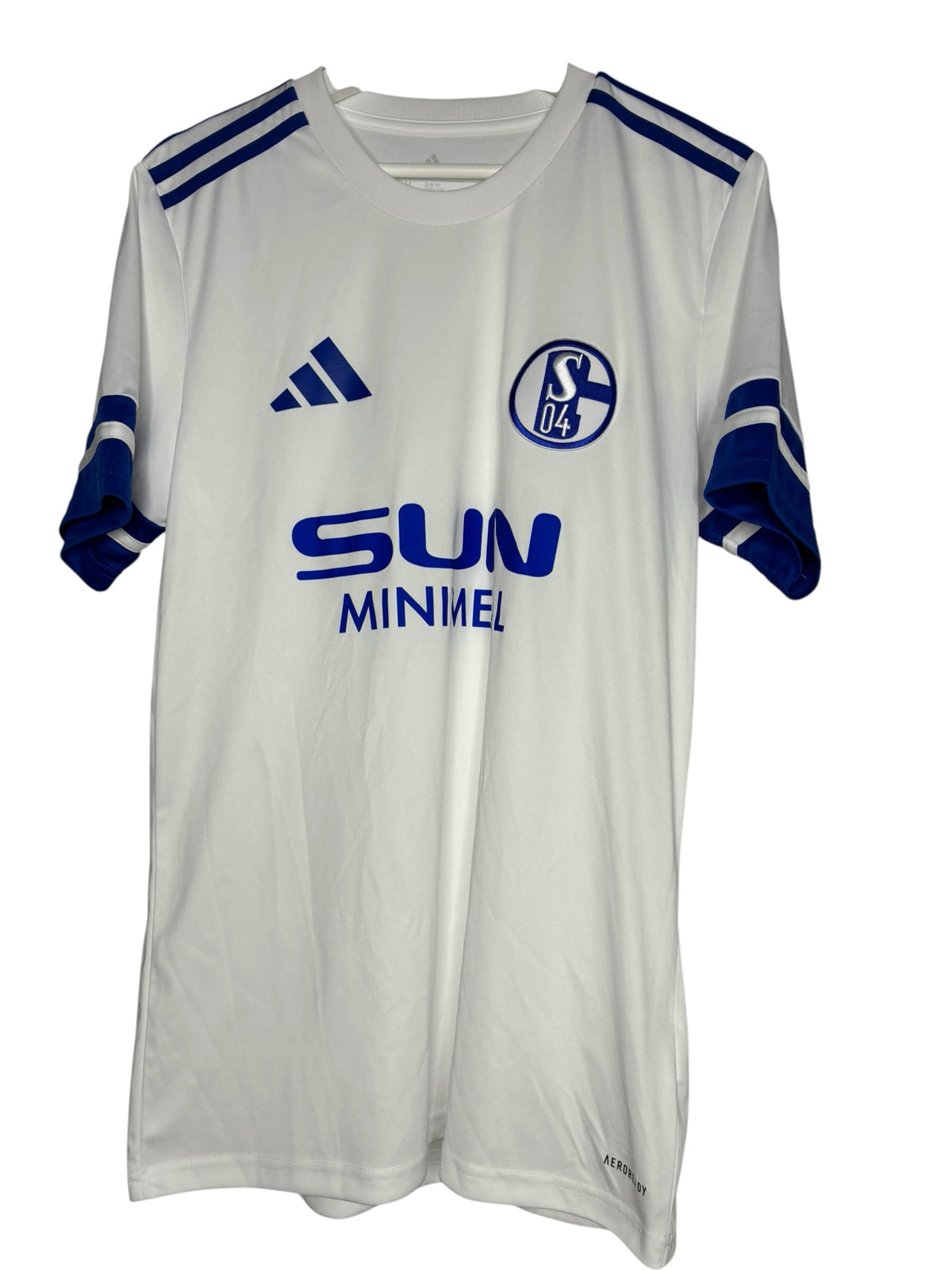 Maillot de football officiel Levestiairedupeuple du FC Schalke 04 blanc avec détails bleu roi et logo du club