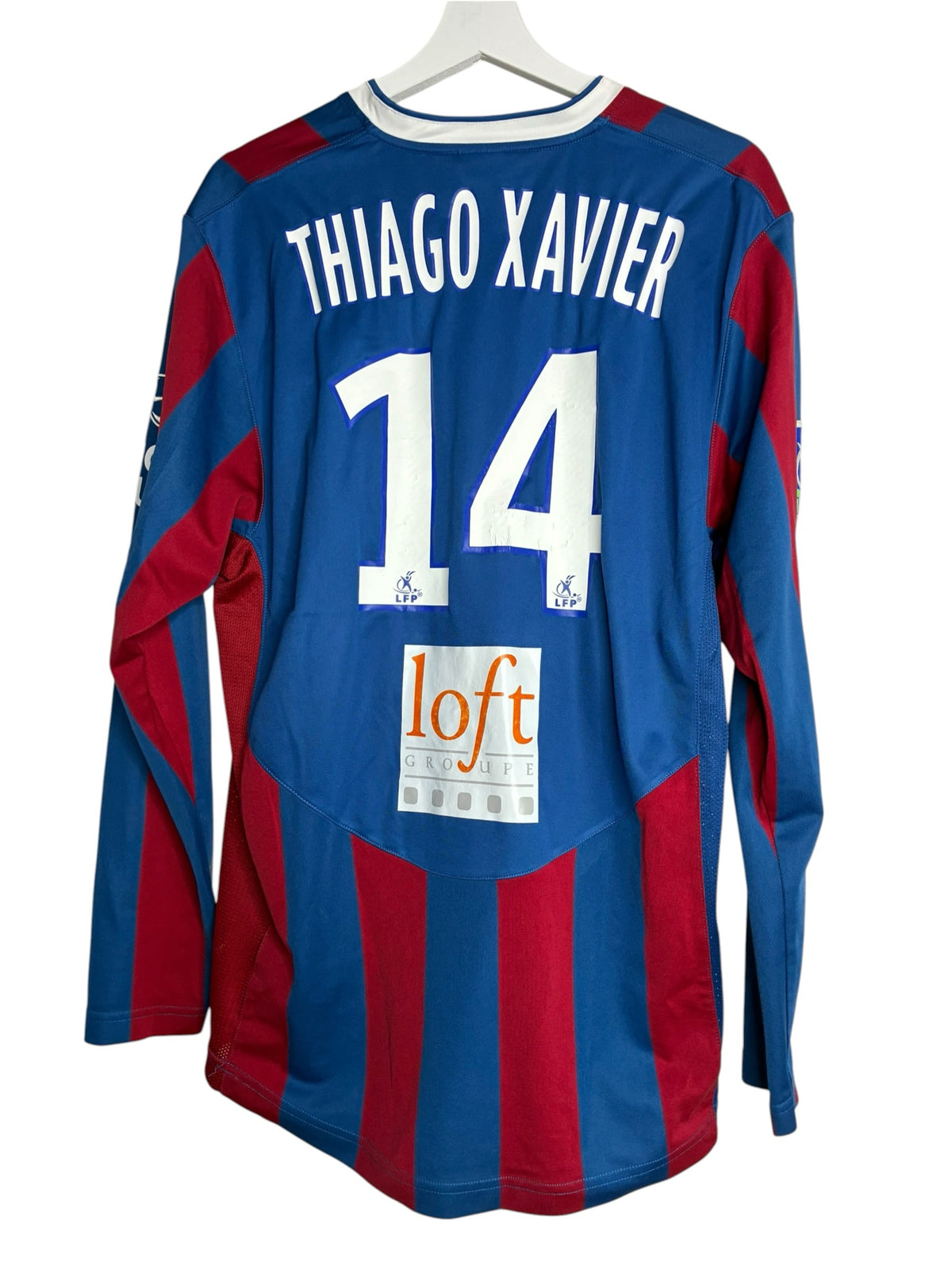 Maillot de football Levestiairedupeuple bleu et rouge à manches longues de Thiago Xavier numéro 14 de Châteauroux