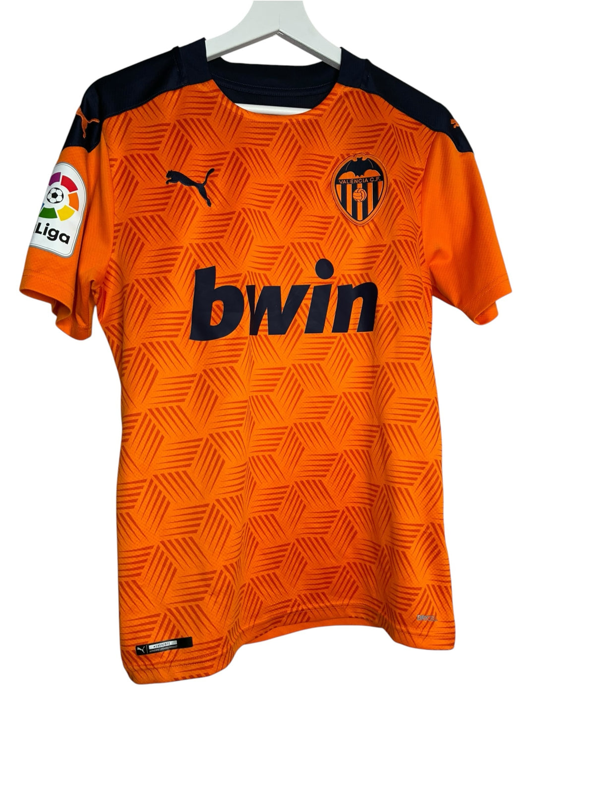 Maillot de football officiel Valencia CF Levestiairedupeuple orange avec motif géométrique et détails bleu marine