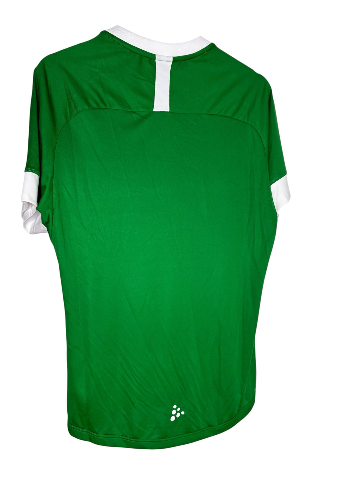 Dos du maillot de football Levestiairedupeuple Craft vert et blanc avec col blanc et logo Craft en bas