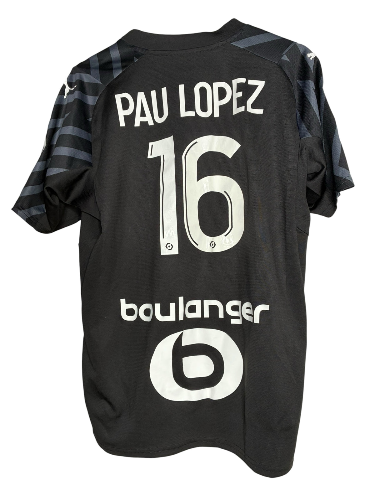 Maillot de gardien officiel Puma Levestiairedupeuple noir de l'Olympique de Marseille floqué Pau Lopez numéro 16