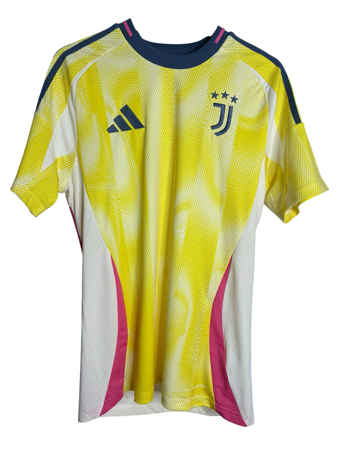 Maillot de football officiel Juventus Levestiairedupeuple jaune avec détails bleu marine et rose respirant