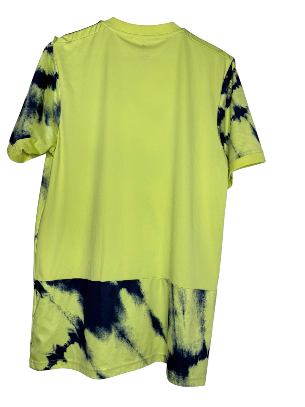Maillot de football officiel Levestiairedupeuple Leeds United jaune fluo avec motif tie-dye noir, vue arrière.