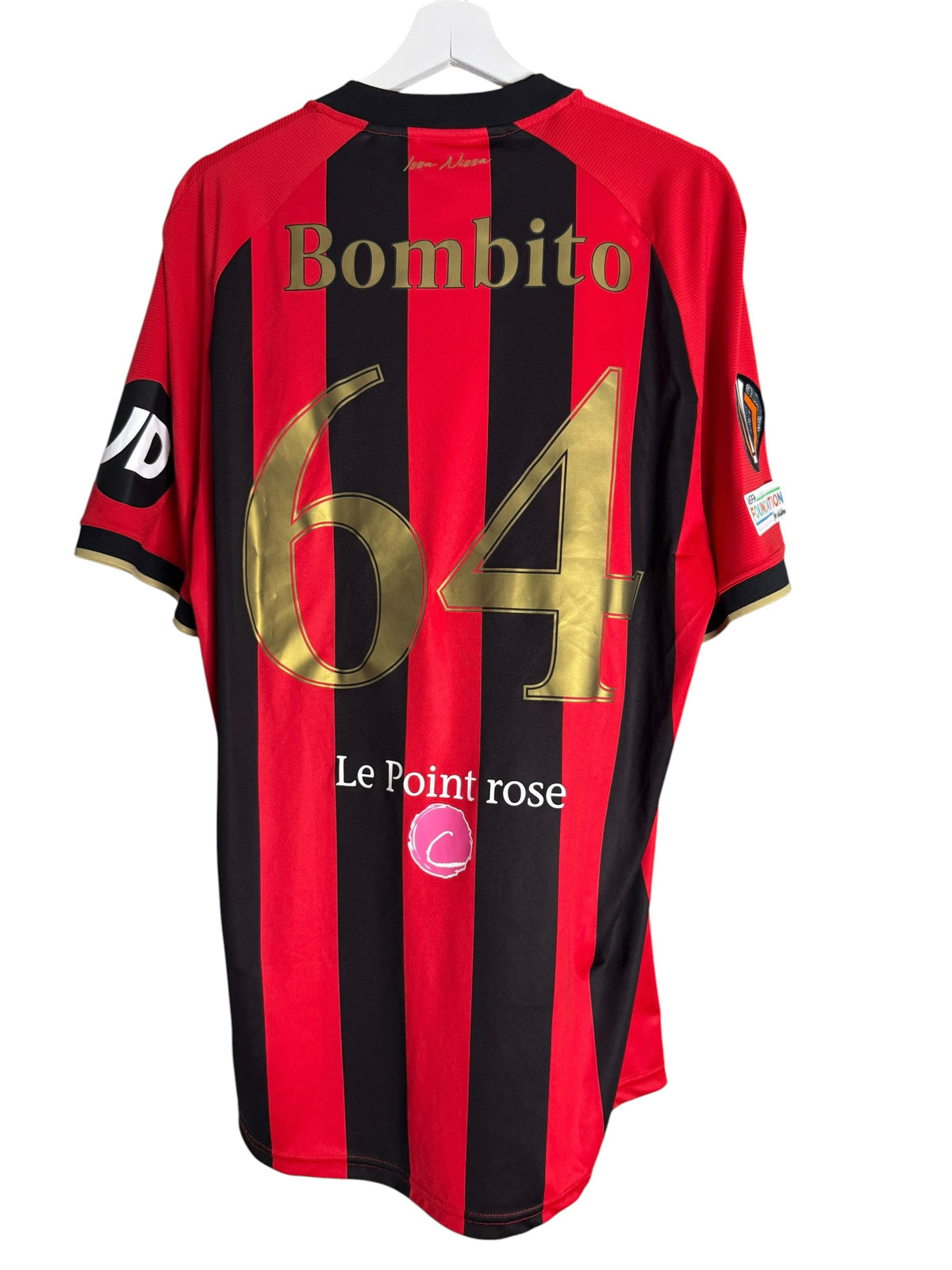 Maillot domicile officiel OGC Nice Levestiairedupeuple rouge et noir rayé avec flocage doré Bombito 64 au dos