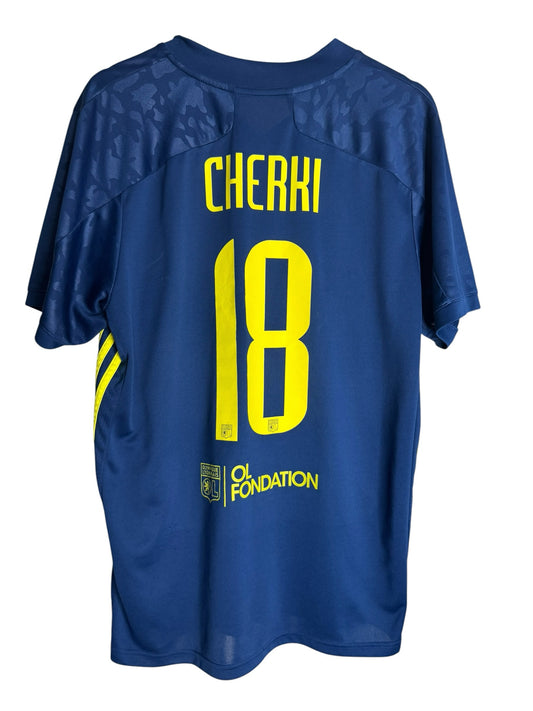 Maillot officiel Olympique Lyonnais Levestiairedupeuple bleu avec flocage Cherki 18 et logo OL Fondation jaune