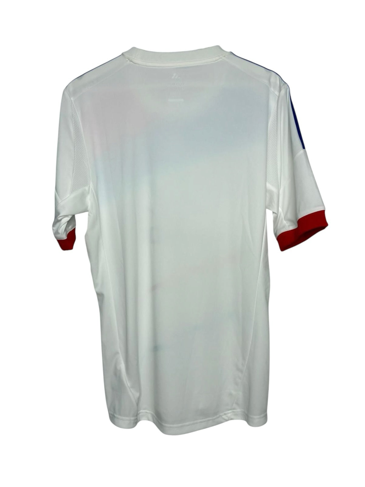 Maillot de football blanc Levestiairedupeuple Olympique Lyonnais avec détails rouges et bleus, vue arrière