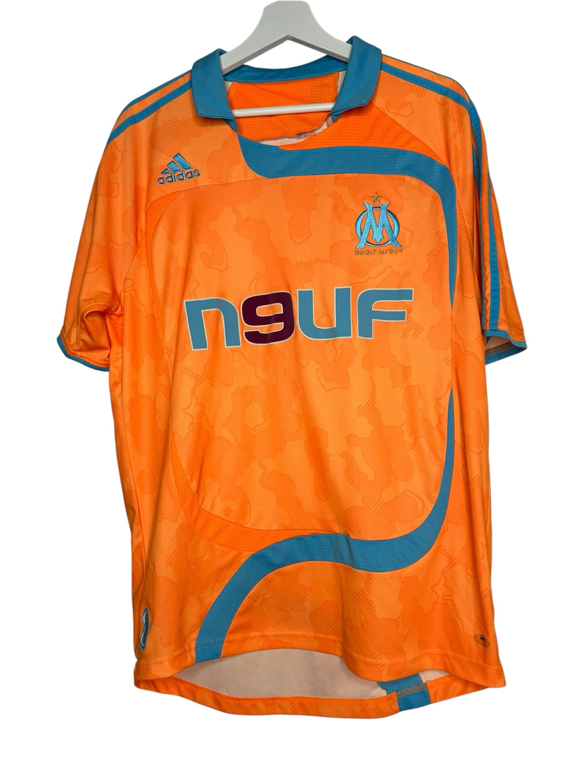 Maillot de football vintage Olympique de Marseille orange et bleu ciel par Levestiairedupeuple avec logo et sponsor
