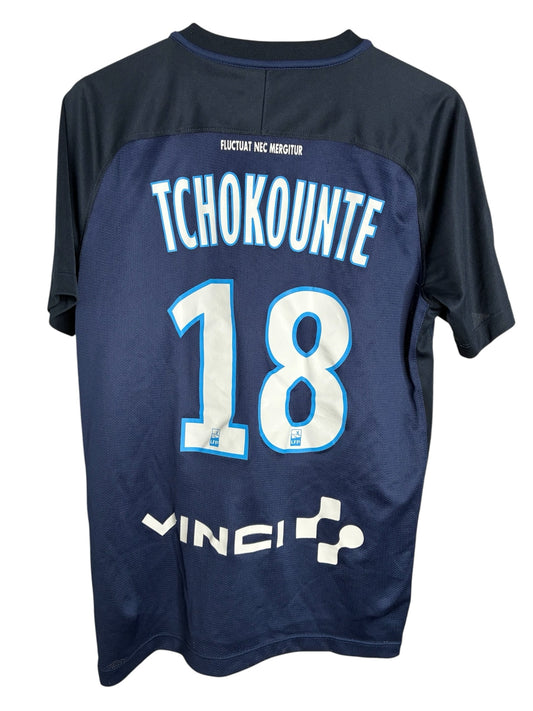 Maillot de football officiel Paris FC Levestiairedupeuple bleu marine avec flocage Tchokounté numéro 18 au dos