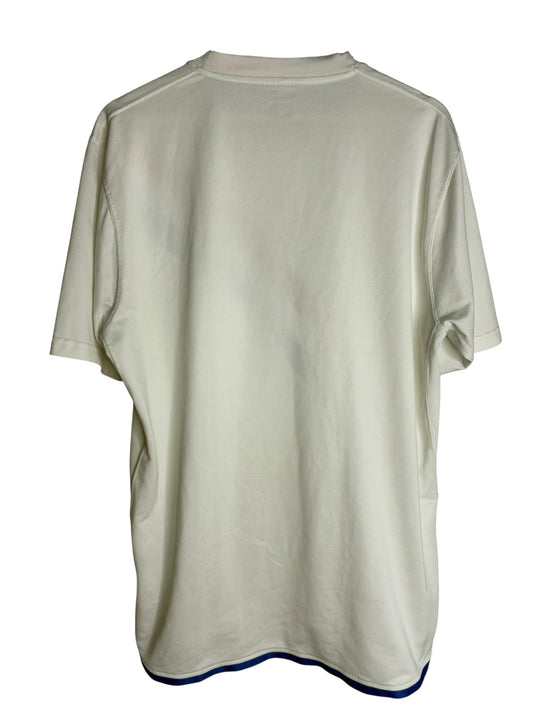 Dos du maillot de football blanc Levestiairedupeuple de l'équipe des Pays-Bas avec bordure bleue
