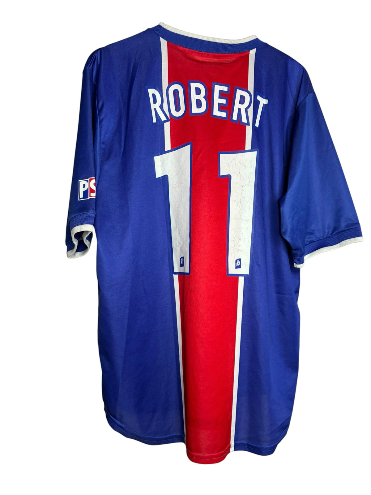 Maillot de football vintage Levestiairedupeuple PSG bleu et rouge avec flocage ROBERT 11 au dos