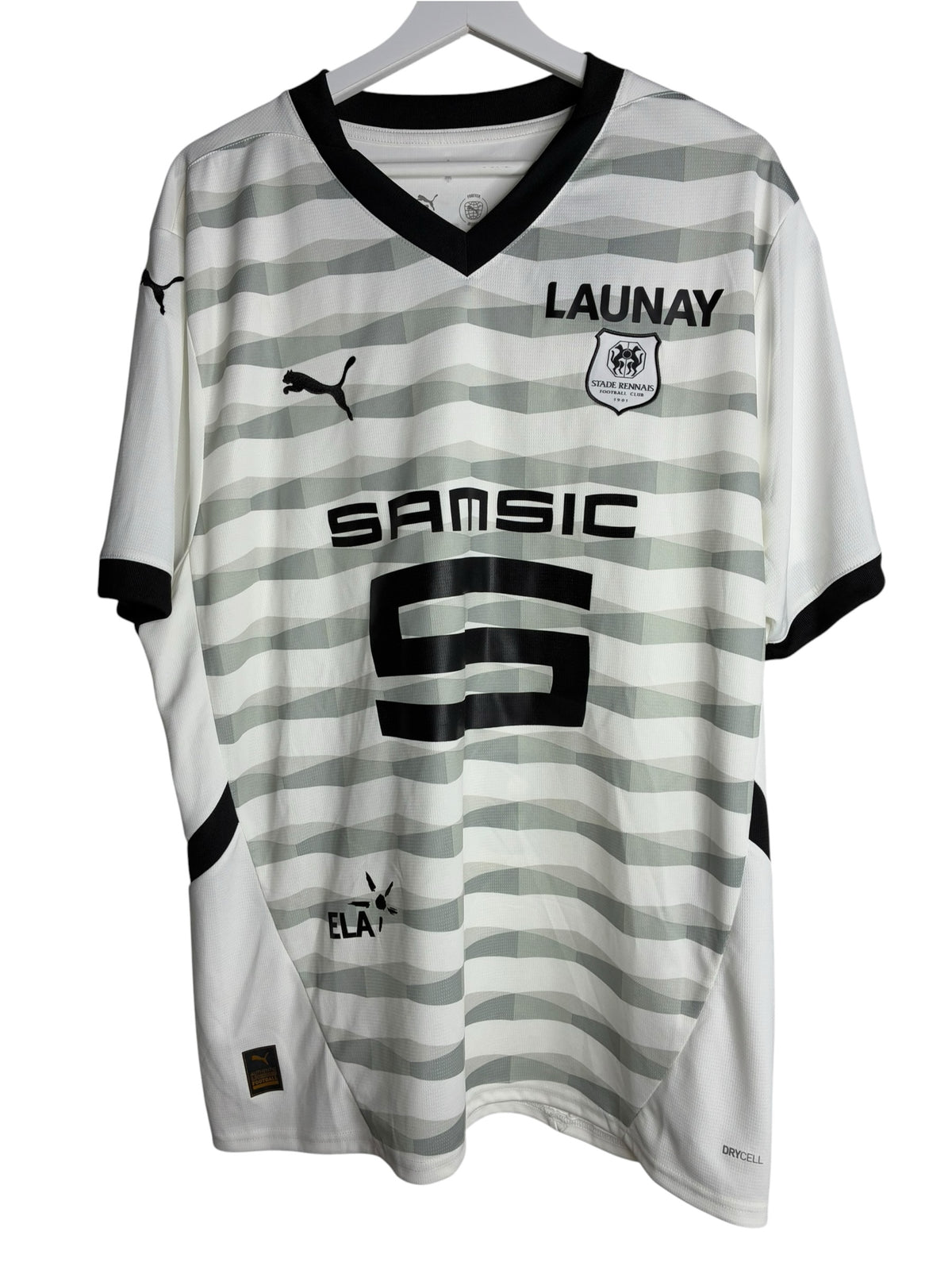 Maillot de football officiel Puma Levestiairedupeuple du Stade Rennais blanc et gris avec col en V noir