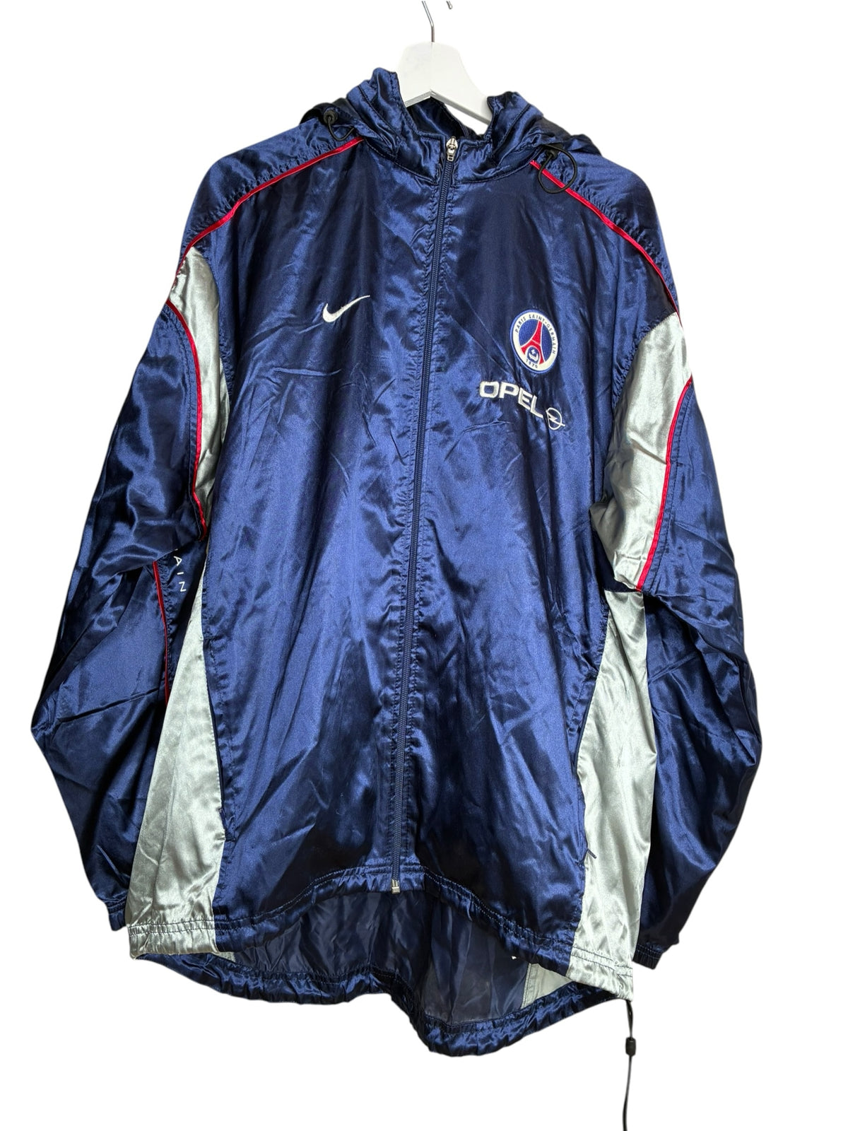Veste coupe-vent vintage Levestiairedupeuple Nike PSG bleu marine satiné avec détails gris et logo Opel au dos